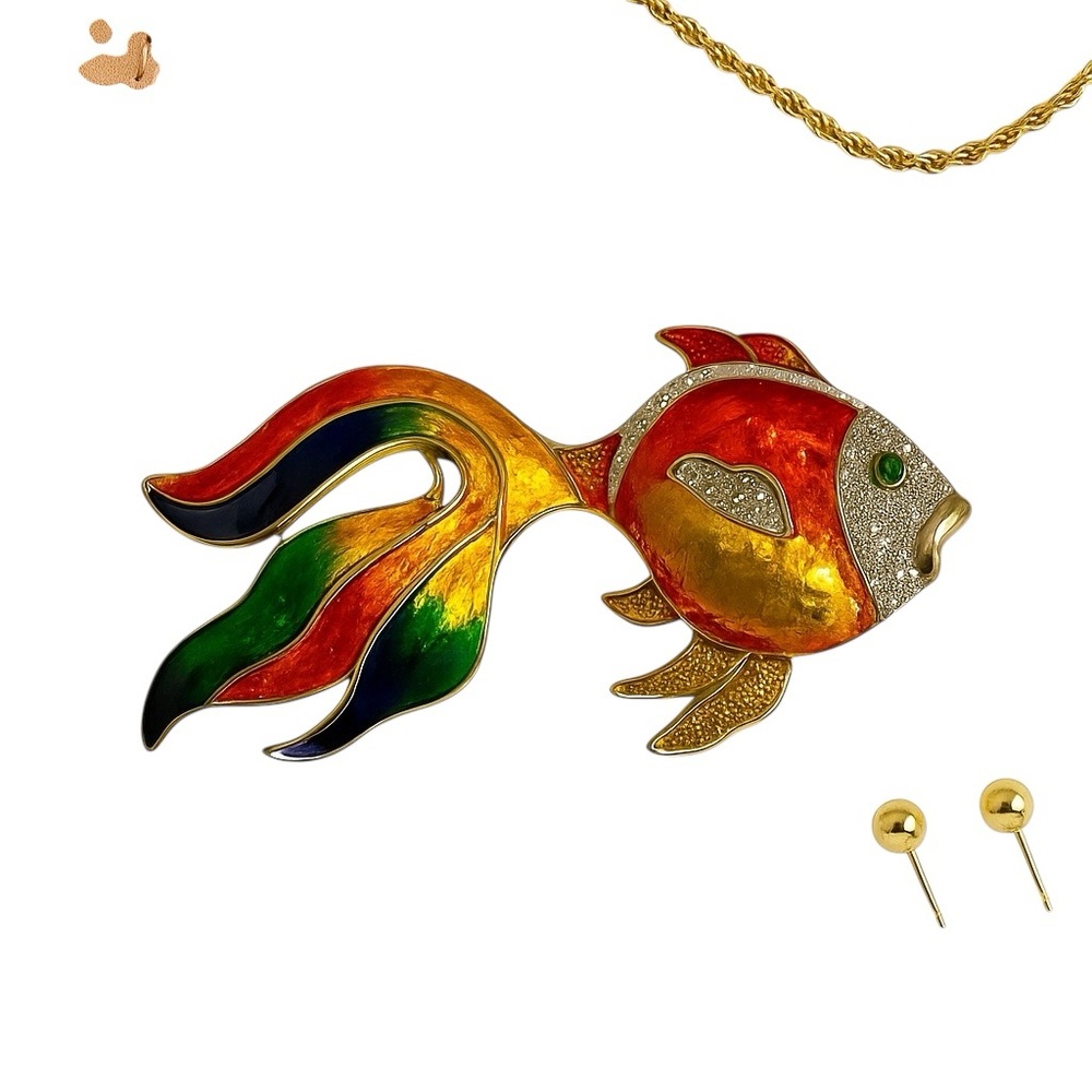 Rhinestone Enamel Goldfish Vintage Brooch Multicolor RAREVStatement Pin 4.5 Inch